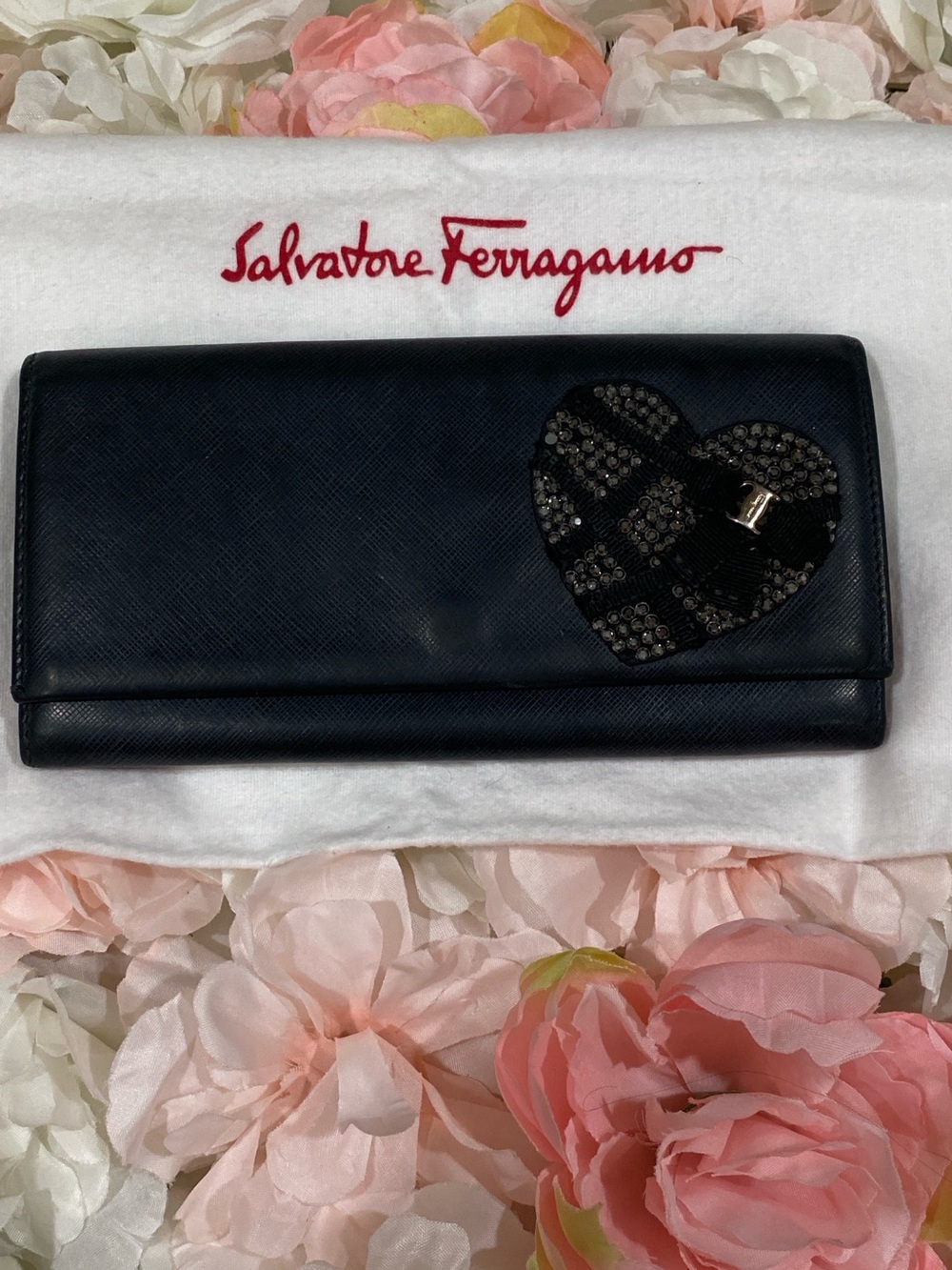 Salvatore Ferragamo Saffiano Leather Wallet with Embellished Heart